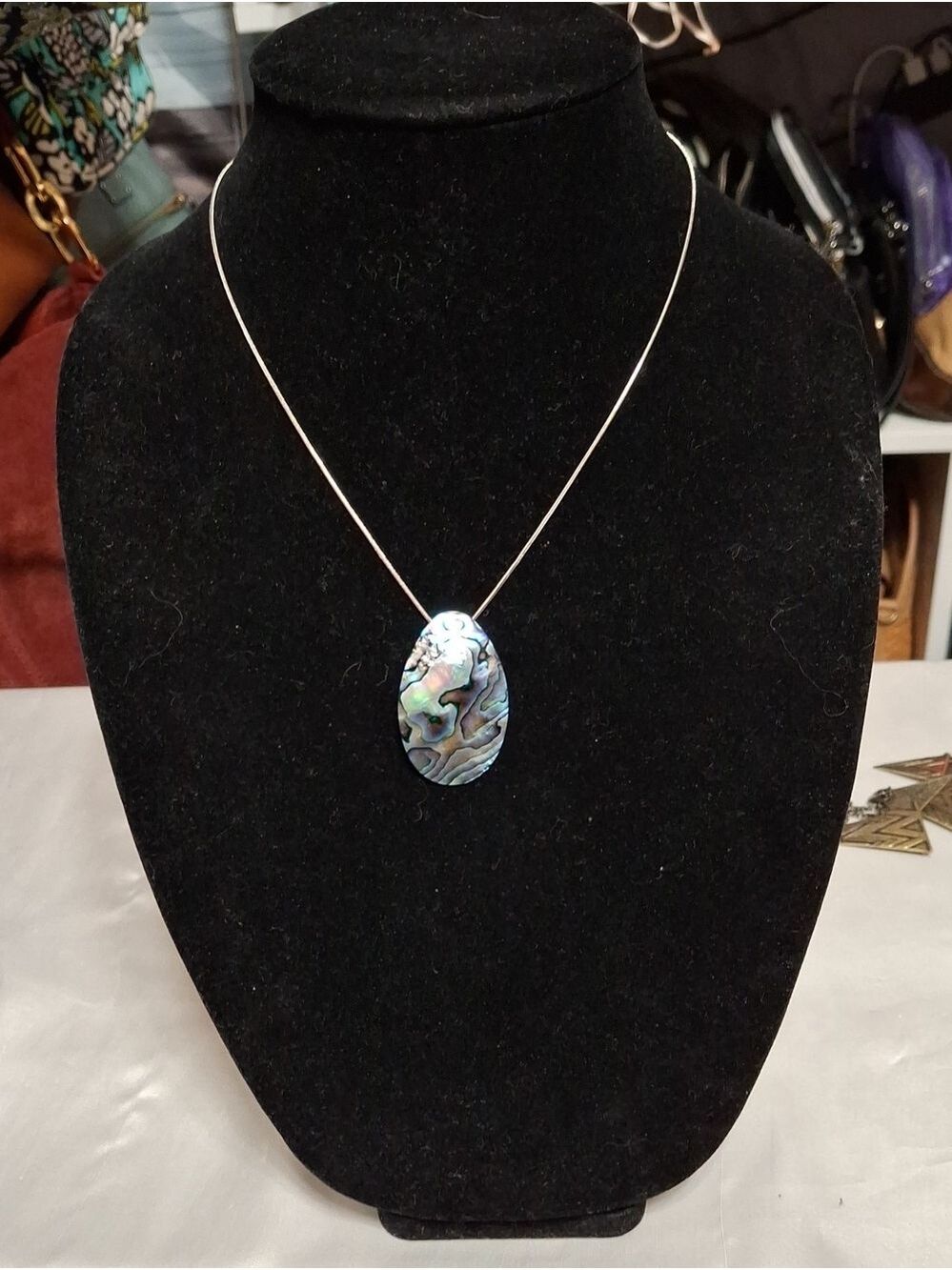 Iridescent Abalone Teardrop Boho Pendant Necklace - Silver Snake Chain 16"